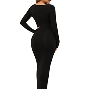 Floerns Women's Solid Long Sleeve Scoop Neck Bodycon Pencil Maxi Dress Black S