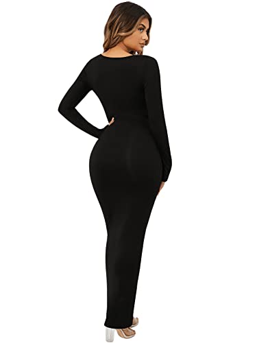 Floerns Women's Solid Long Sleeve Scoop Neck Bodycon Pencil Maxi Dress Black S