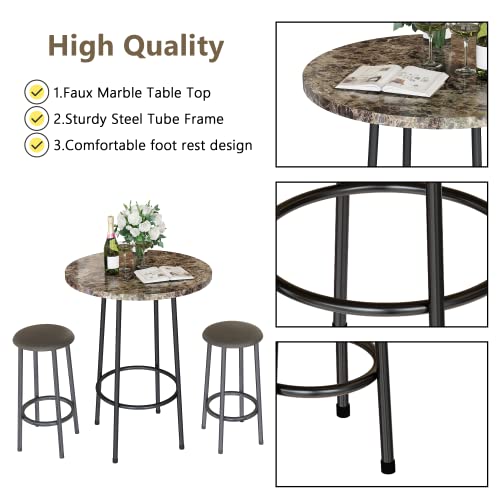 AWQM 3 Piece Bar Table Set, Small Bistro Table and Chairs Set of 2, Round Pub Dining Table Set for Breakfast Nook, Dining Room, Kitchen, Small Spaces - Brown