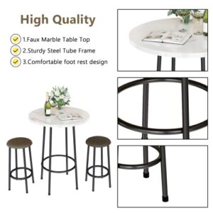 AWQM 3 Piece Pub Dining Set, Round Bistro Table and Chairs, Small Bar Table Set for Breakfast Nook, Kitchen, Apartment, Small Spaces - White