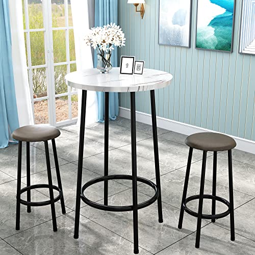 AWQM 3 Piece Pub Dining Set, Round Bistro Table and Chairs, Small Bar Table Set for Breakfast Nook, Kitchen, Apartment, Small Spaces - White