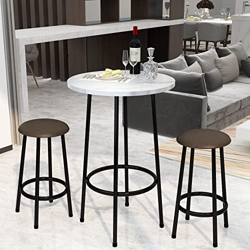 AWQM 3 Piece Pub Dining Set, Round Bistro Table and Chairs, Small Bar Table Set for Breakfast Nook, Kitchen, Apartment, Small Spaces - White