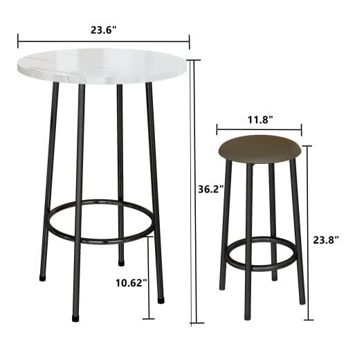 AWQM 3 Piece Pub Dining Set, Round Bistro Table and Chairs, Small Bar Table Set for Breakfast Nook, Kitchen, Apartment, Small Spaces - White