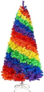 chefjoy 7ft rainbow artificial christmas tree, colorful hinged holiday pine tree with 1213 branch needles, solid folding metal stand, indoor outdoor xmas full tree for holiday decoration, multicolor