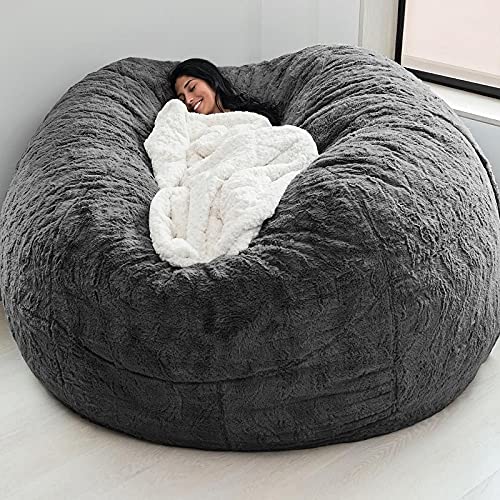 7ft Giant Fur Bean Bag Chair for Adult Living Room Furniture Big Round Soft Fluffy Faux Fur BeanBag Lazy Sofa Bed Cover Grey (Dark Grey)