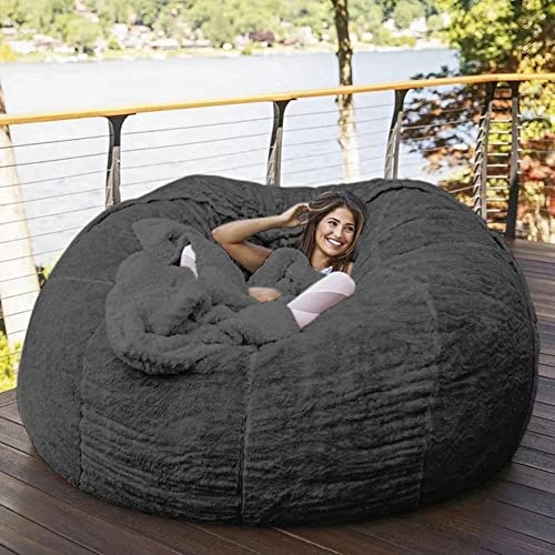 7ft Giant Fur Bean Bag Chair for Adult Living Room Furniture Big Round Soft Fluffy Faux Fur BeanBag Lazy Sofa Bed Cover Grey (Dark Grey)