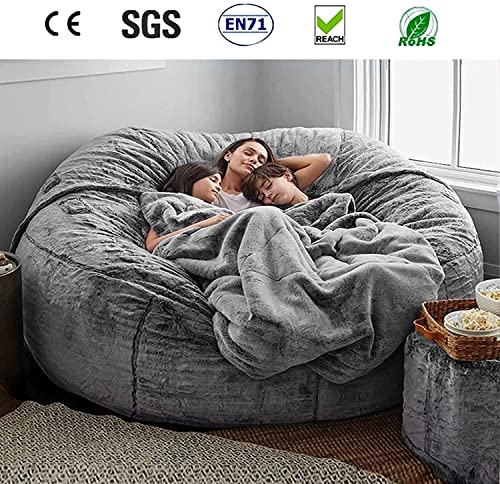 7ft Giant Fur Bean Bag Chair for Adult Living Room Furniture Big Round Soft Fluffy Faux Fur BeanBag Lazy Sofa Bed Cover Grey (Dark Grey)