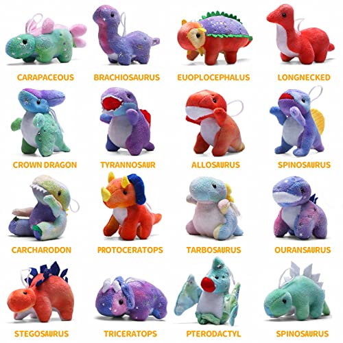 Dinosaur Plush Stuffed Set(16 Pack), Mini Dinosaurs Animal Keychain Toy(4.5"), Soft Dino Playset for Toddler Kid Party Favors, Plushies Kit for Stocking Stuffers Doll Machine Treasure Carnival Prizes