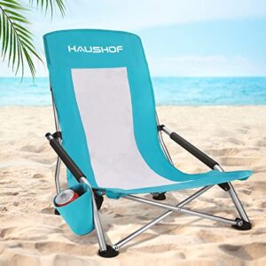 haushof high back beach chair, mesh back folding chair, lightweight low seat camping chairs with cup holder, carry bag, padded armrest for outdoor beach lawn camping picnic festival