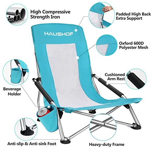 HAUSHOF High Back Beach Chair, Mesh Back Folding Chair, Lightweight Low Seat Camping Chairs with Cup Holder, Carry Bag, Padded Armrest for Outdoor Beach Lawn Camping Picnic Festival
