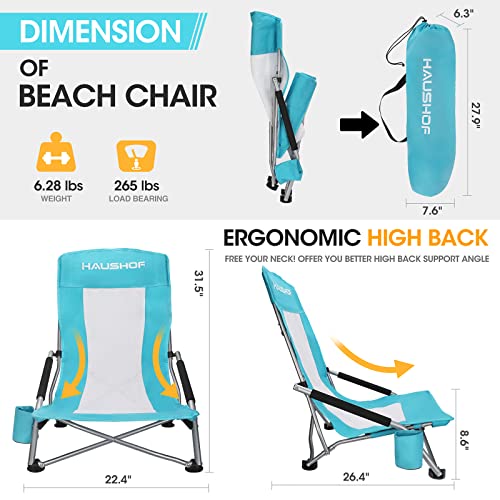 HAUSHOF High Back Beach Chair, Mesh Back Folding Chair, Lightweight Low Seat Camping Chairs with Cup Holder, Carry Bag, Padded Armrest for Outdoor Beach Lawn Camping Picnic Festival