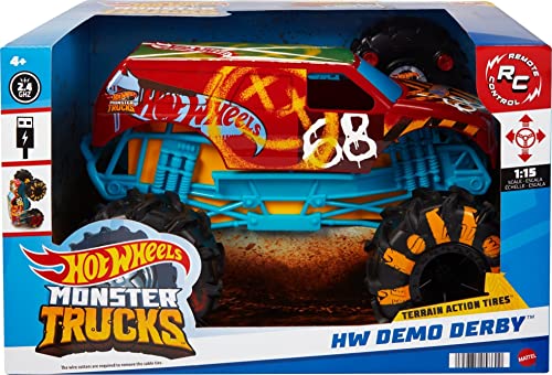 Hot Wheels Rc Monster Trucks Hw Demo Derby in 1:15 Scale, Remote-Control Toy Truck with Terrain Action Tires