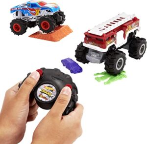 hot wheels rc monster trucks 2-pack, 1 race ace & 1 hw 5-alarm in 1:24 scale, full-function remote-control toy trucks