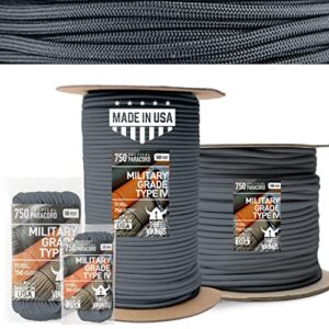 three vikings premium 750lb tactical paracord rope parachute cord in many colors and length continuous spools - charcoal gray - 25 ft. (coiled in bag) - tp750-charcoal gray-25