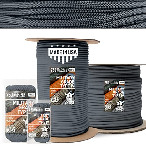 THREE VIKINGS Premium 750lb Tactical Paracord Rope Parachute Cord in Many Colors and Length Continuous Spools - Charcoal Gray - 25 Ft. (Coiled in Bag) - TP750-Charcoal Gray-25