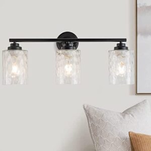 brfaixla modern matte black bathroom vanity lights fixtures 24 inch 3-light hammered glass industrial sconces wall lamp lighting for bath mirror bedroom makeup desk living room kitchen porch hotel