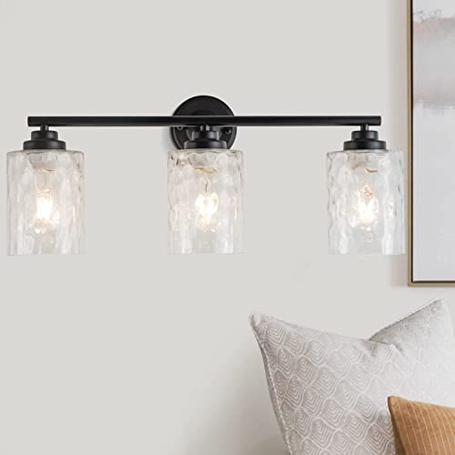 brfaixla Modern Matte Black Bathroom Vanity Lights Fixtures 24 Inch 3-Light Hammered Glass Industrial Sconces Wall Lamp Lighting for Bath Mirror Bedroom Makeup Desk Living Room Kitchen Porch Hotel