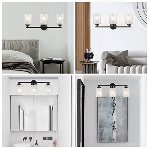 brfaixla Modern Matte Black Bathroom Vanity Lights Fixtures 24 Inch 3-Light Hammered Glass Industrial Sconces Wall Lamp Lighting for Bath Mirror Bedroom Makeup Desk Living Room Kitchen Porch Hotel