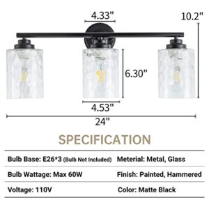 brfaixla Modern Matte Black Bathroom Vanity Lights Fixtures 24 Inch 3-Light Hammered Glass Industrial Sconces Wall Lamp Lighting for Bath Mirror Bedroom Makeup Desk Living Room Kitchen Porch Hotel