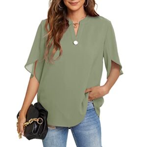 funlingo women's summer tops short sleeve casual shirts v neck chiffon dressy blouse flowy tops spring clothes light green large