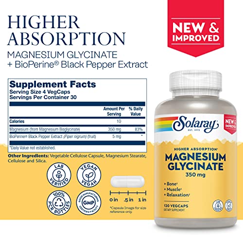 Solaray Magnesium Glycinate, New & Improved Fully Chelated Bisglycinate with BioPerine, High Absorption Formula, Stress, Bones, Muscle & Relaxation Support, 60 Day Guarantee (30 Servings, 120 VegCaps)