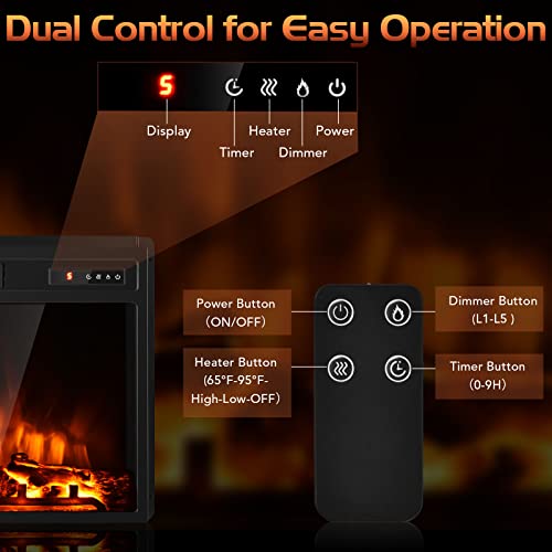 COSTWAY 18-Inch Electric Fireplace Inserts, 1500W Freestanding Recessed Fireplace Heater with Remote Control, Adjustable Flame Effect and Temperature, 9H Timer, Electric Fireplaces for Home Indoor Use