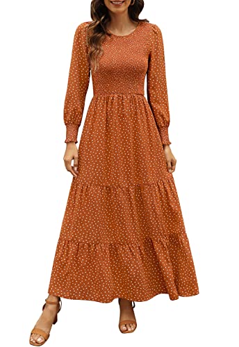 Kranda Fall Dresses for Women 2023 Round Neck Puff Long Sleeve Dress Smocked Ruffle Tiered Floral Maxi Dress Camel S