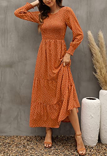 Kranda Fall Dresses for Women 2023 Round Neck Puff Long Sleeve Dress Smocked Ruffle Tiered Floral Maxi Dress Camel S