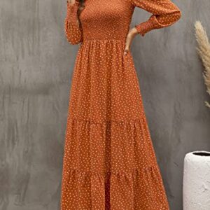 Kranda Fall Dresses for Women 2023 Round Neck Puff Long Sleeve Dress Smocked Ruffle Tiered Floral Maxi Dress Camel S