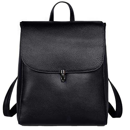 HESHE Women’s Leather Backpack Casual Style Flap Backpacks Daypack for Ladies (standard size, Black-Top Grain Leather)