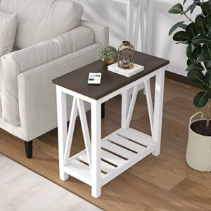 choochoo farmhouse end table, rustic vintage narrow end side table with storage shelf for small spaces, nightstand sofa table for living room, bedroom white