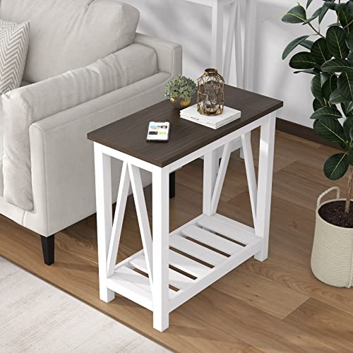 ChooChoo Farmhouse End Table, Rustic Vintage Narrow End Side Table with Storage Shelf for Small Spaces, Nightstand Sofa Table for Living Room, Bedroom White