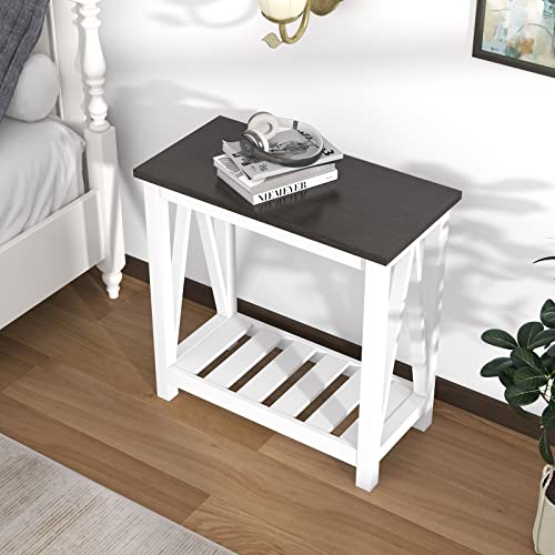 ChooChoo Farmhouse End Table, Rustic Vintage Narrow End Side Table with Storage Shelf for Small Spaces, Nightstand Sofa Table for Living Room, Bedroom White