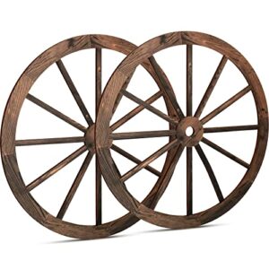 qunclay 2 pcs 12 inch wagon wheel decor wooden western cowboy party decorations vintage rustic wood cartwheel for bar garage indoor outdoor (brown)