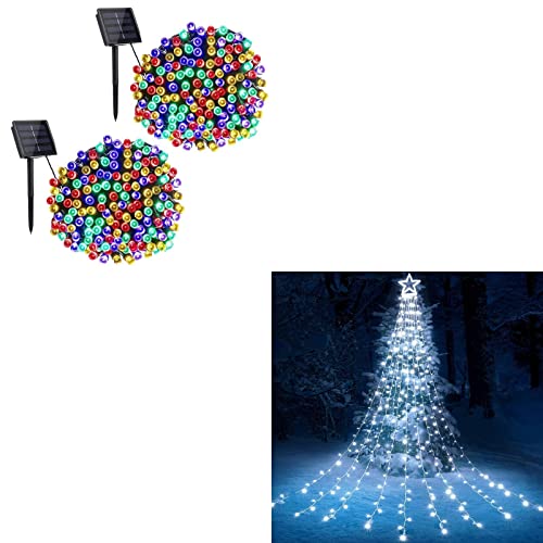 2 Packs 72ft 200 LED 8 Modes Solar Christmas String Lights & 317 LED 10ft X 9 Outdoor Christmas Decorations Lights with 12" Topper Star