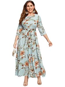 wdirara women's plus size floral print round neck belted a line flared dress mint green 1xl