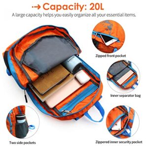 BEIJITA 20L Lightweight Hiking Backpack, Foldable Waterproof Back Pack, Packable Small Travel Backpack for Men, Ultra Lightweight Backpack for Women Men(Orange)