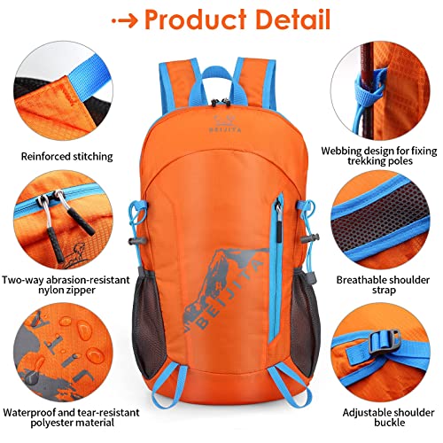 BEIJITA 20L Lightweight Hiking Backpack, Foldable Waterproof Back Pack, Packable Small Travel Backpack for Men, Ultra Lightweight Backpack for Women Men(Orange)