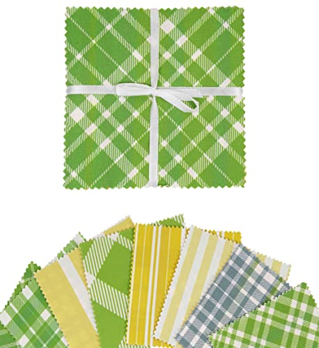 Soimoi Check Print Precut 5-inch Cotton Fabric Quilting Squares Charm Pack DIY Patchwork Sewing Craft- Light Green & Mustard Yellow