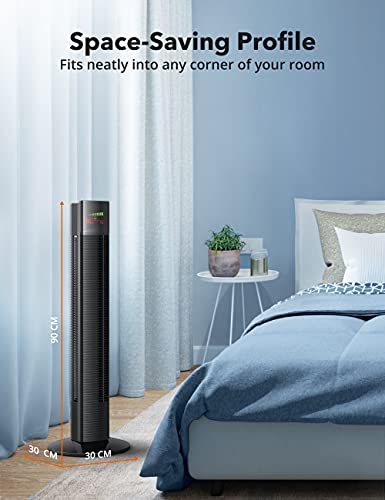 Mirdred Tower Fan with Remote, 36” Bladeless Fan, 70° Oscillating Fan for Bedroom, 3 Speeds, 3 Modes, 12H Timer, LED Display, Quiet Cooling Standing Floor Fans for Home Living Room Office, Black