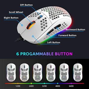 One 2 Mini 60% Wired Gaming Keyboard and Mouse Combo,Wired Chroma RGB Backlit+6400DPI Honeycomb Lightweight Mouse，Compact Anti-Ghosting Metal Panel WaterProof for PC Mac PS4 PS5 (White/Red Switch)