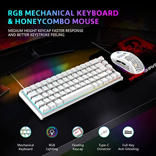 One 2 Mini 60% Wired Gaming Keyboard and Mouse Combo,Wired Chroma RGB Backlit+6400DPI Honeycomb Lightweight Mouse，Compact Anti-Ghosting Metal Panel WaterProof for PC Mac PS4 PS5 (White/Red Switch)