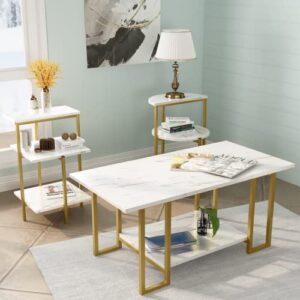 AWQM Faux Marble Coffee Table Set, Coffee Table &2 Side Table, Metal Frame, 3 Piece Living Room Table Sets Perfect for Living Room Apartment, White & Gold