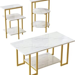 AWQM Faux Marble Coffee Table Set, Coffee Table &2 Side Table, Metal Frame, 3 Piece Living Room Table Sets Perfect for Living Room Apartment, White & Gold