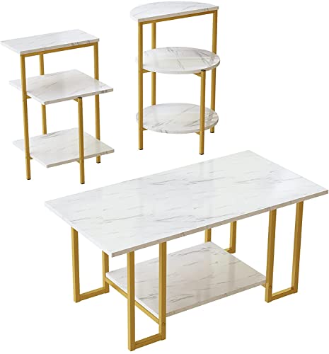 AWQM Faux Marble Coffee Table Set, Coffee Table &2 Side Table, Metal Frame, 3 Piece Living Room Table Sets Perfect for Living Room Apartment, White & Gold