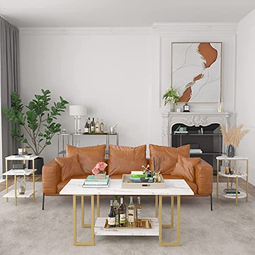 AWQM Faux Marble Coffee Table Set, Coffee Table &2 Side Table, Metal Frame, 3 Piece Living Room Table Sets Perfect for Living Room Apartment, White & Gold