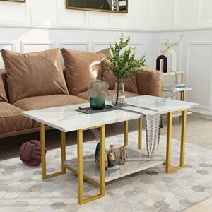 AWQM Faux Marble Coffee Table Set, Coffee Table &2 Side Table, Metal Frame, 3 Piece Living Room Table Sets Perfect for Living Room Apartment, White & Gold