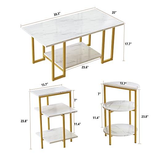 AWQM Faux Marble Coffee Table Set, Coffee Table &2 Side Table, Metal Frame, 3 Piece Living Room Table Sets Perfect for Living Room Apartment, White & Gold