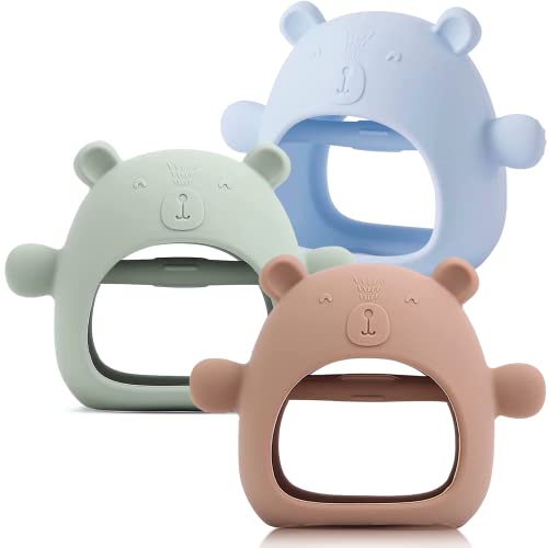 3 Packs Baby Teething Toy Silicone Bear Teething Mitten for Babies Over 3 Months Anti Dropping Wrist Hand Teethers Baby Chew Toys for Sucking Needs, BPA Free (Olive, Blue, Brown)