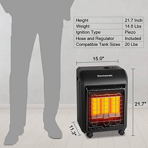 thermomate Propane Radiant Heater, 18,000 BTU Portable LP Gas Heater with 3 Power Settings, Propane Heater with Gas Regulator and Hose, Heating Area Up to 450 Sq. Ft